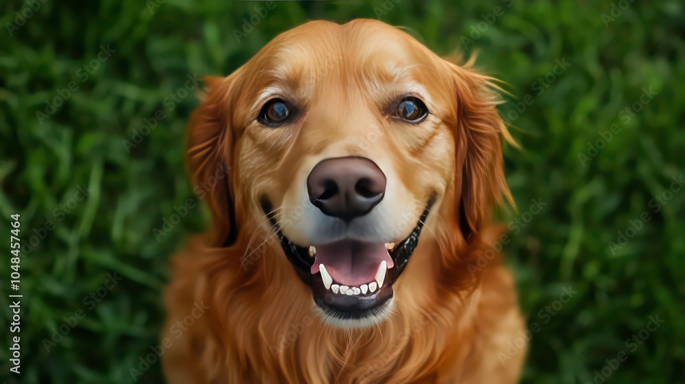 A golden retriever dog sits in the grass, looking directly at the camera with a happy expression. A golden retriever dog sits in the grass, looking directly at the camera with a happy expression.