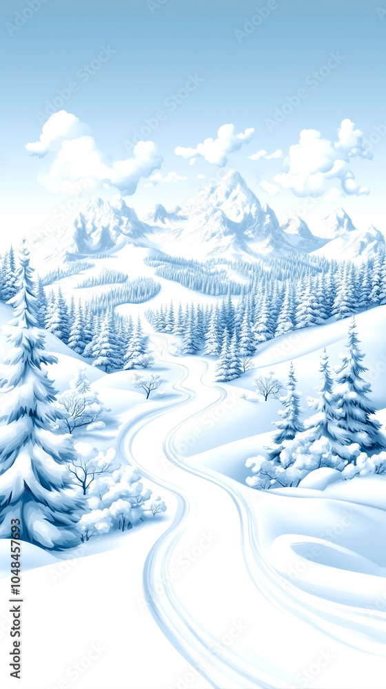 Fototapeta premium A snowy mountain landscape with a ski trail. The scene is peaceful and serene, with the snow-covered trees and mountains creating a sense of calm and tranquility