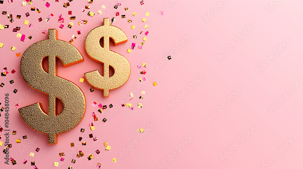 Celebrate success with golden dollar signs surrounded by colorful confetti on a soft pink background for financial triumph and joy Celebrate success with golden dollar signs surrounded by colorful confetti on a soft pink background for financial triumph and joy