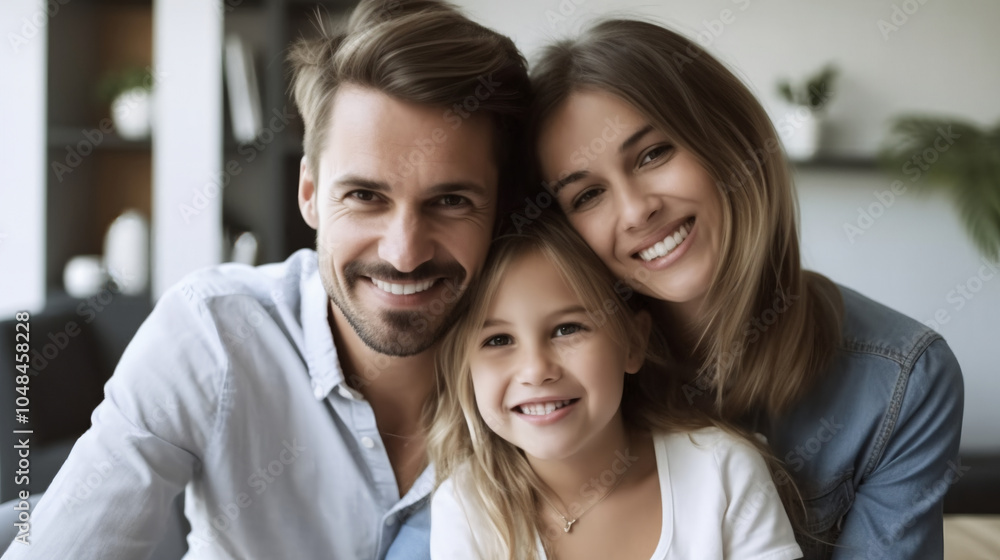 A family of three smiling at each other. A family of three smiling at each other.