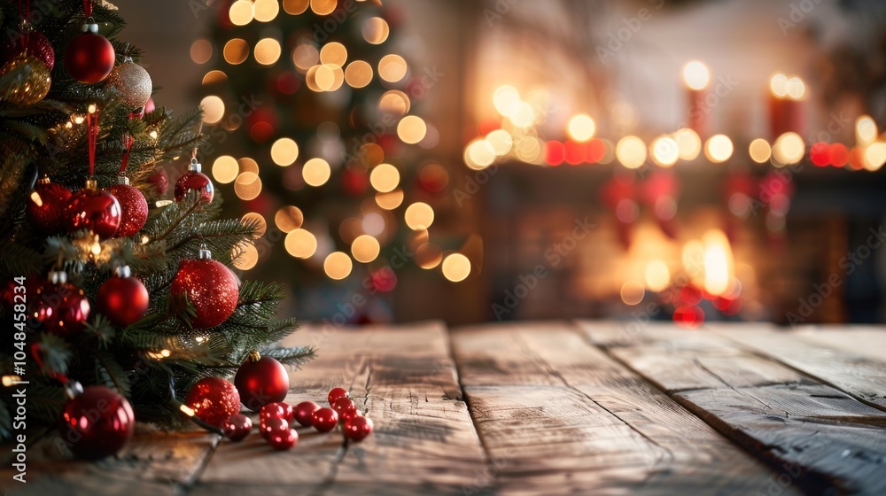 Christmas Tree with Red Ornaments on Wooden Table Christmas Tree with Red Ornaments on Wooden Table