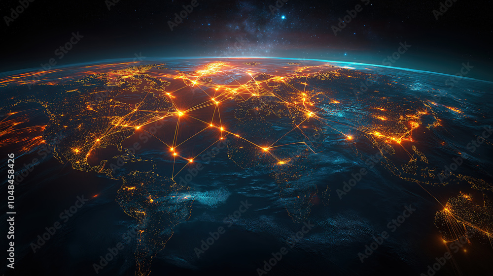 Stylish depiction of the Earth illuminated by a network of radiant connections Stylish depiction of the Earth illuminated by a network of radiant connections