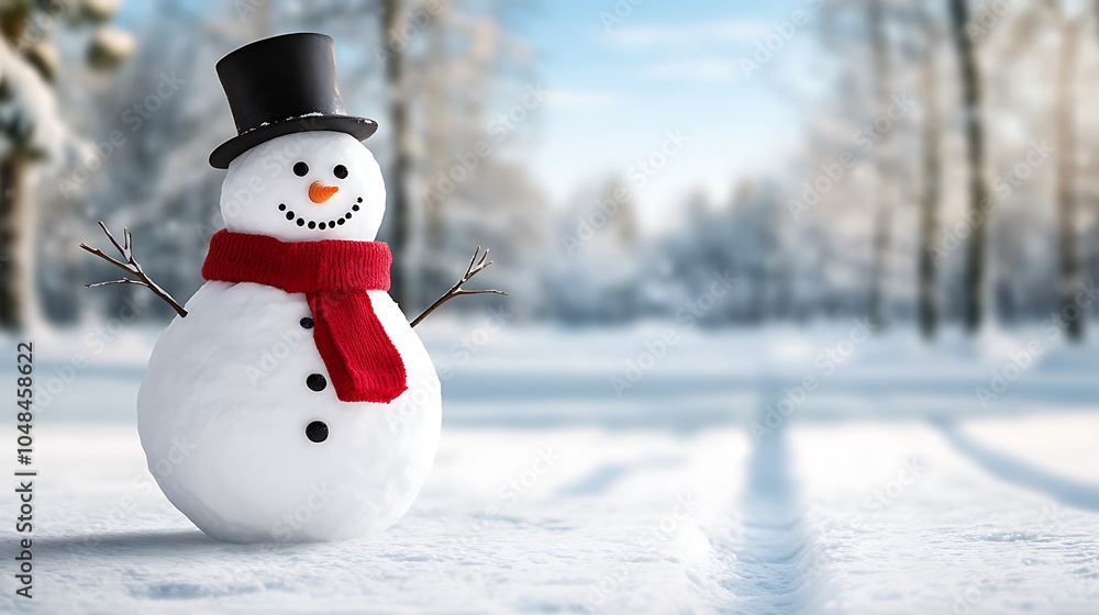 A traditional snowman with a carrot nose, coal eyes, and a red scarf standing in a peaceful snow-covered forest. Tall pine trees frame the scene, adding a natural holiday vibe. A traditional snowman with a carrot nose, coal eyes, and a red scarf standing in a peaceful snow-covered forest. Tall pine trees frame the scene, adding a natural holiday vibe.