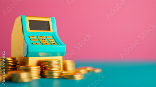 Colorful atm machine surrounded by stacks of coins symbolizing wealth and financial transactions in a vibrant setting photo