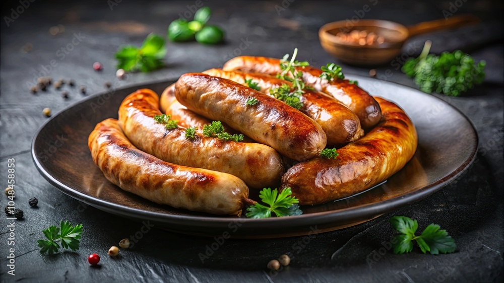 A Culinary Delight Crispy Grilled Sausages Served on Rustic Plate with Fresh Herbs and Peppercorns A Culinary Delight Crispy Grilled Sausages Served on Rustic Plate with Fresh Herbs and Peppercorns