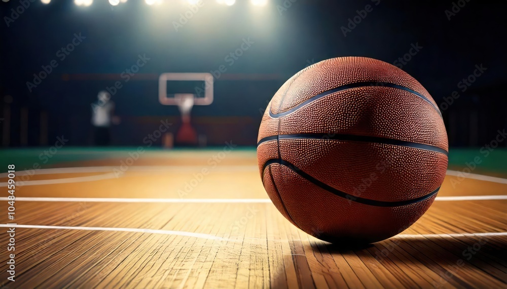 Indoor photo of basketball on the basketball court, no people, no brand Indoor photo of basketball on the basketball court, no people, no brand