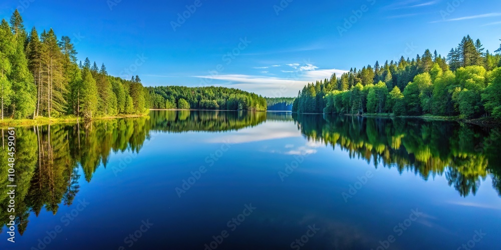 Obraz premium Tranquil forest lake reflecting trees in clear blue sky