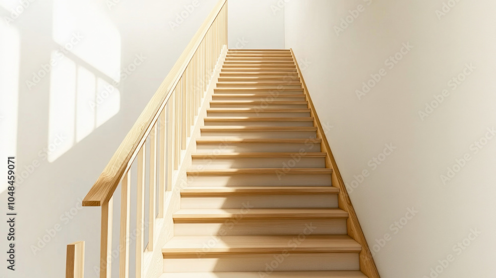 Fototapeta premium Sunlight illuminating wooden staircase in modern minimalist house
