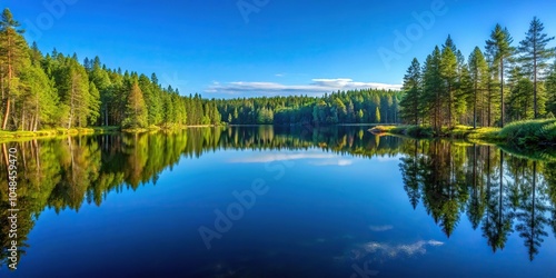 Fototapeta Naklejka Na Ścianę i Meble -  Tranquil forest lake reflection of trees