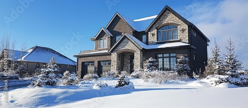Luxury home in North America shows a snowy yard on a sunny winter day.
