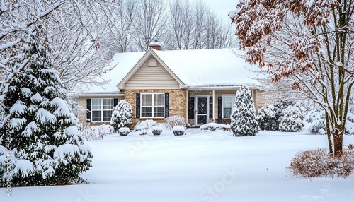 Middle-class residence experiences a snowy winter covering.