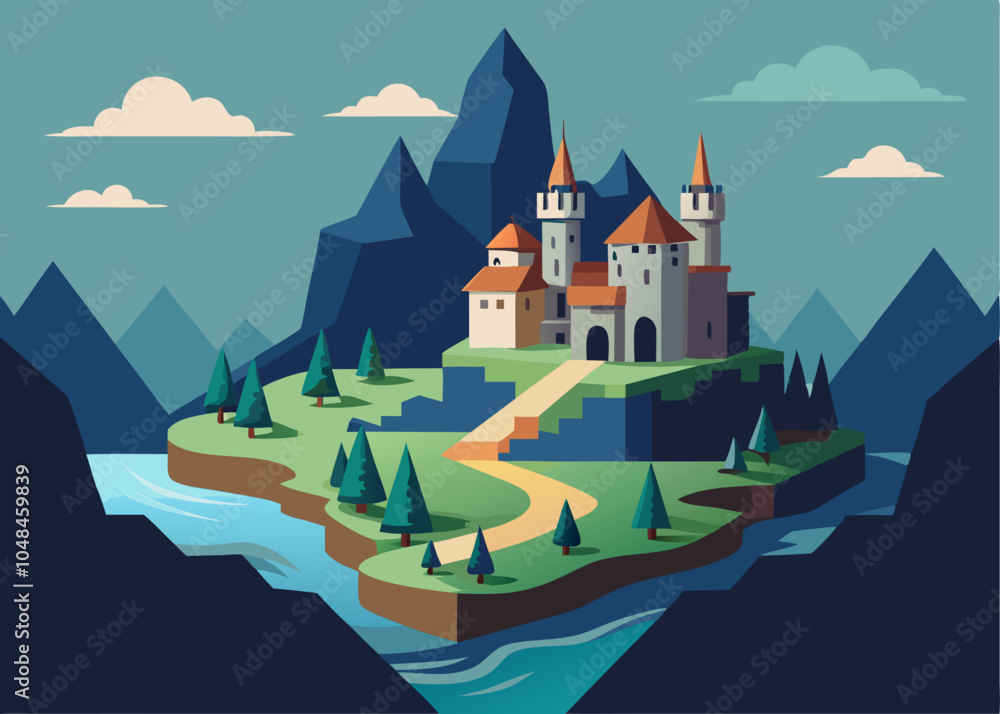 Fototapeta premium Fantasy castle with tower. Magic medieval stronghold. Fairytale kingdom architecture. Mountain palace building. Beautiful cartoon landscape. Royal house