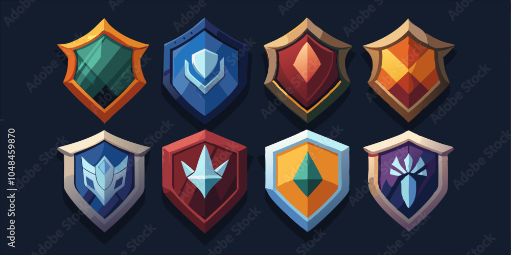 Fototapeta premium Fantasy shield. Trophy emblem. Golden winner medal. Guard armor. Cartoon game achievement