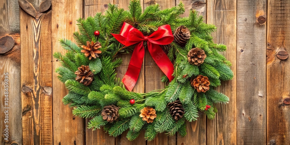 Festive Evergreen Wreath Adorned with Pine Cones and a Bold Red Bow Against a Rustic Wooden Backdrop Festive Evergreen Wreath Adorned with Pine Cones and a Bold Red Bow Against a Rustic Wooden Backdrop