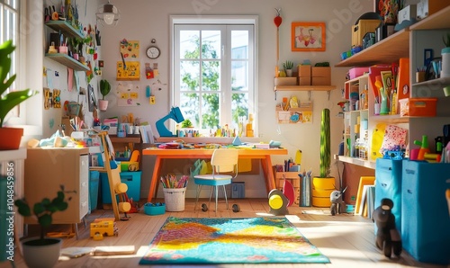 Colorful art studio with desk, shelves, and rug.