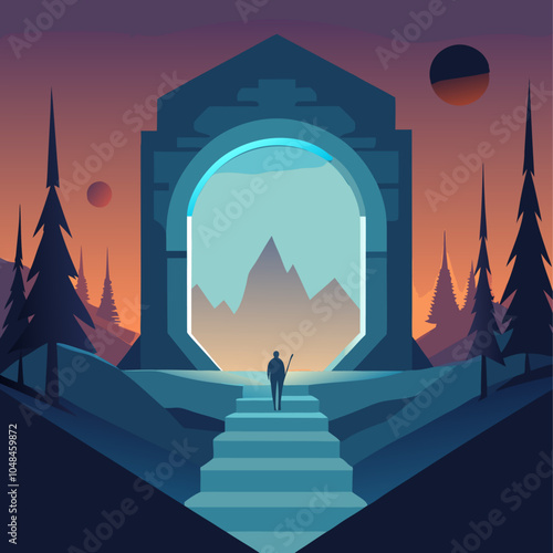 Magic arch. Ancient stone gate. Fantasy teleport door. Wizard doorway. Mysterious castle gateway entrance. Portal frame