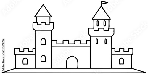 Line castle with tower. Simple outline building. Medieval kingdom fortress. Royal fairytale architecture. Sketch doodle fairytale castle