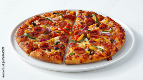 Delicious Pepperoni and Vegetable Pizza on White Plate – Perfect for Food Photography, Menus, and Italian Cuisine Themes photo