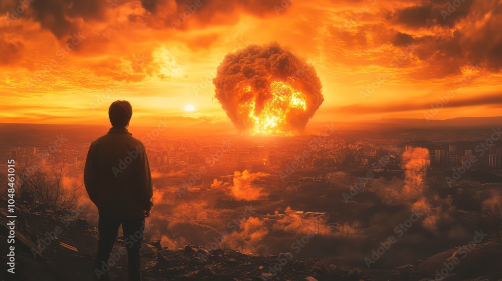 A lone man stands on a hilltop, watching a city engulfed in flames with a fiery explosion in the sky. A lone man stands on a hilltop, watching a city engulfed in flames with a fiery explosion in the sky.