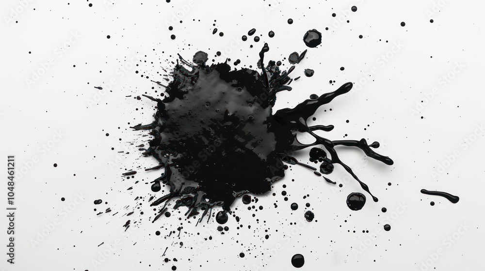 Black Ink Splashes and Drops on White Background Black Ink Splashes and Drops on White Background