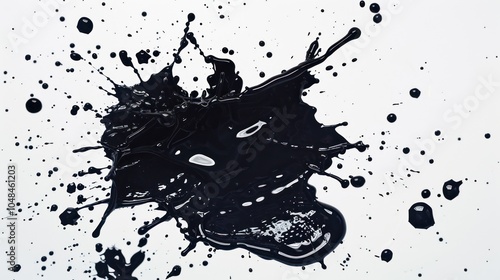 Black Liquid Splashes and Droplets on White Background photo