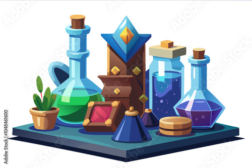 Alchemy table with magic bottle. Occult medieval witchcraft ingredient. Sorcery potion with fairytale elixir. Cartoon wizard alchemical flask