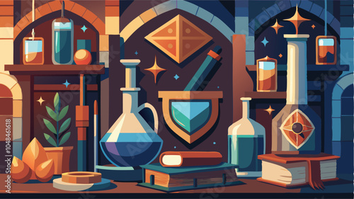 Alchemy table with magic bottle. Cartoon wizard alchemical flask. Occult medieval witchcraft ingredient. Sorcery potion with fairytale elixir