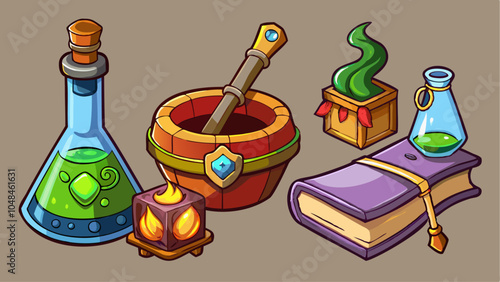 Alchemy magical cauldron with potion. Cartoon wizard fairy tale magic bottle. Old fantasy elixir