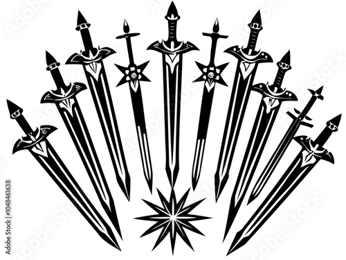 Sword weapon simple outline collection. Battle blade and dagger vintage set. Black medieval ancient symbol