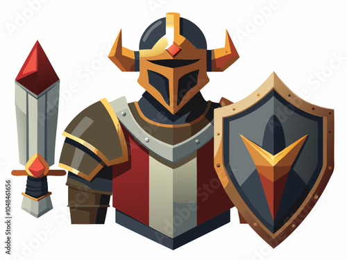 Medieval knight character. Cartoon warrior in helmet and ancient armor. Historical soldier