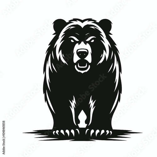 simple Angry bear with paws in front head in front predator position, isolated white background