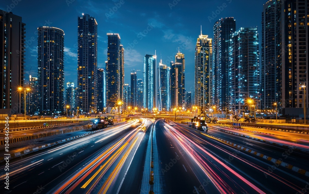 Fototapeta premium Cityscape at Night with Blurred Traffic Lights