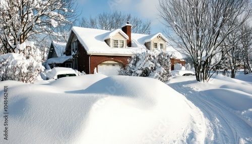 Heavy snowstorm results in snow drifts covering a suburban home and vehicles.