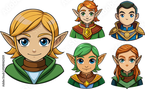 Elf character. Set of Cute fairy tale avatar. Collection of Magic fairytale fantasy face. Medieval warrior knight