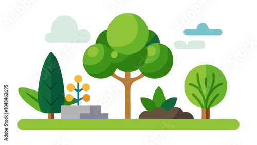 Green flat summer landscape. Cartoon woodland, natural wood environment. Plant foliage and branch. Eco illustration. Nature forest, park tree