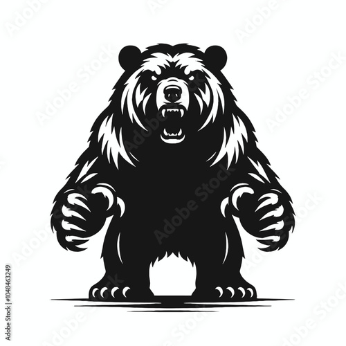 simple Angry bear with paws in front head in front predator position, isolated white background