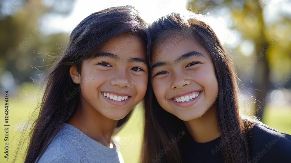 Obraz premium Close up of pre-teen friends in a park smiling to camera