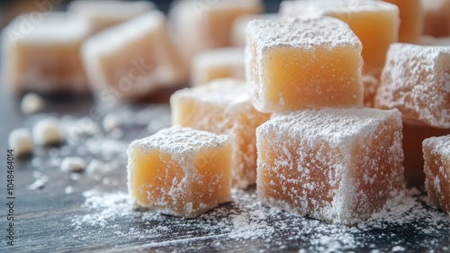 Soft, powdered treats made from gelatin and sugar Close-up view