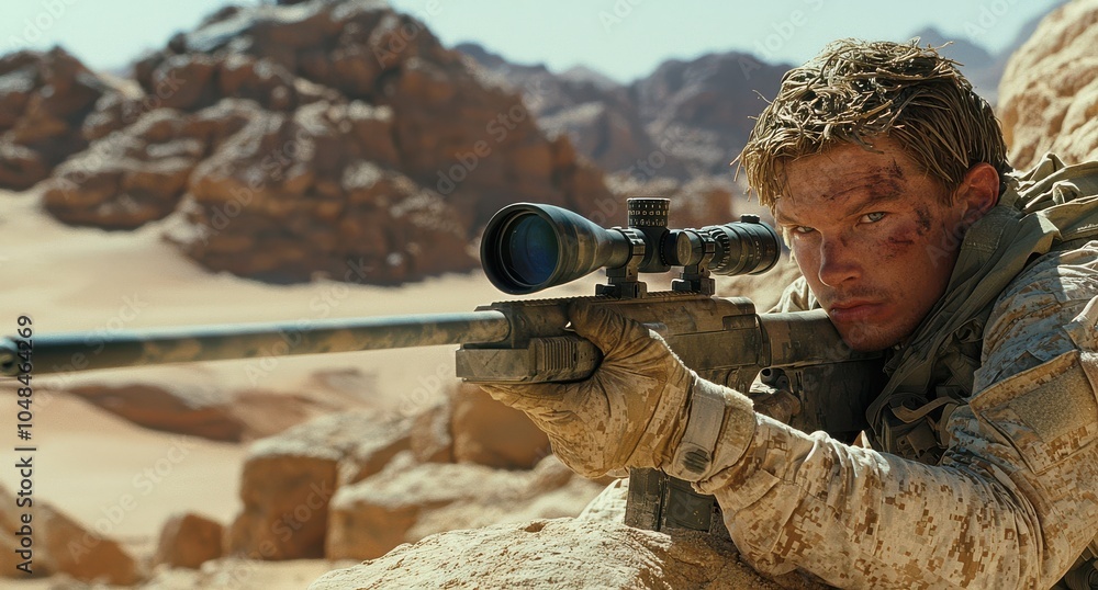 Fototapeta premium Focused marine sniper in combat gear aiming with a precision rifle in a desert environment, displaying intense concentration and readiness. 