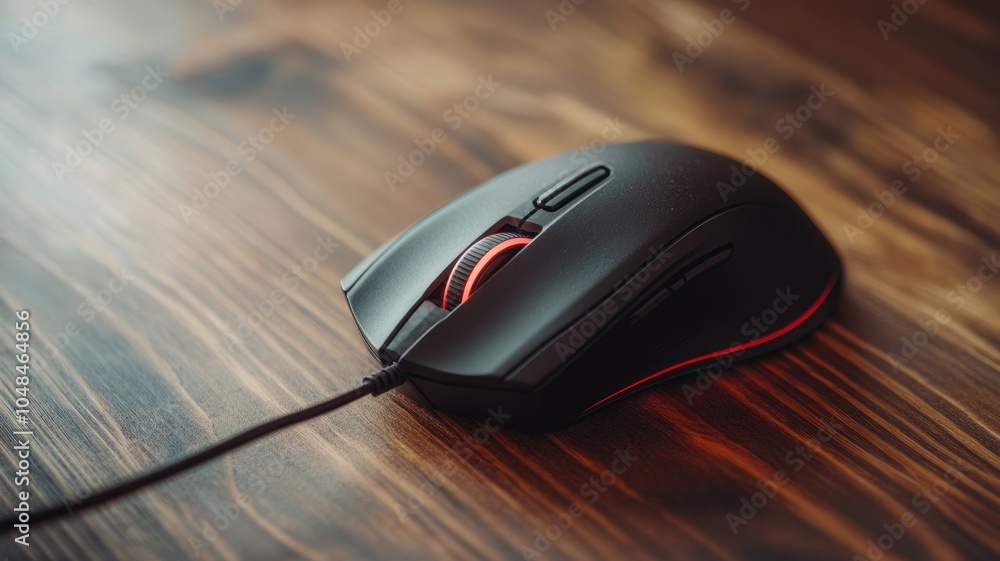 Wired black gaming mouse with RGB lighting, on wooden desk Wired black gaming mouse with RGB lighting, on wooden desk