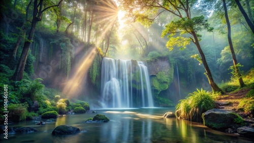 Tranquil forest with misty morning light and waterfall cascade