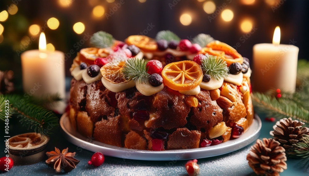 Fototapeta premium クリスマスのリースのように美しく配置されたフルーツスライスのフルーツケーキ、暖かいキャンドルの光が優雅さを加える