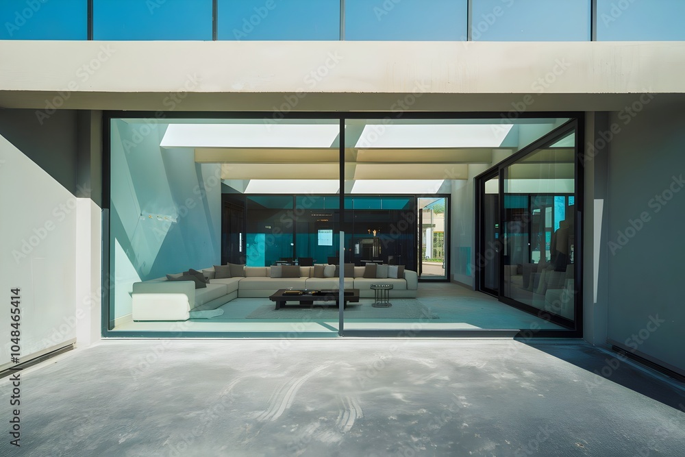 Fototapeta premium High-Angle Modern Living Room with Statement Art, Sleek Furnishings, Concrete Floor, Large Glass Window, and Bright Natural Light