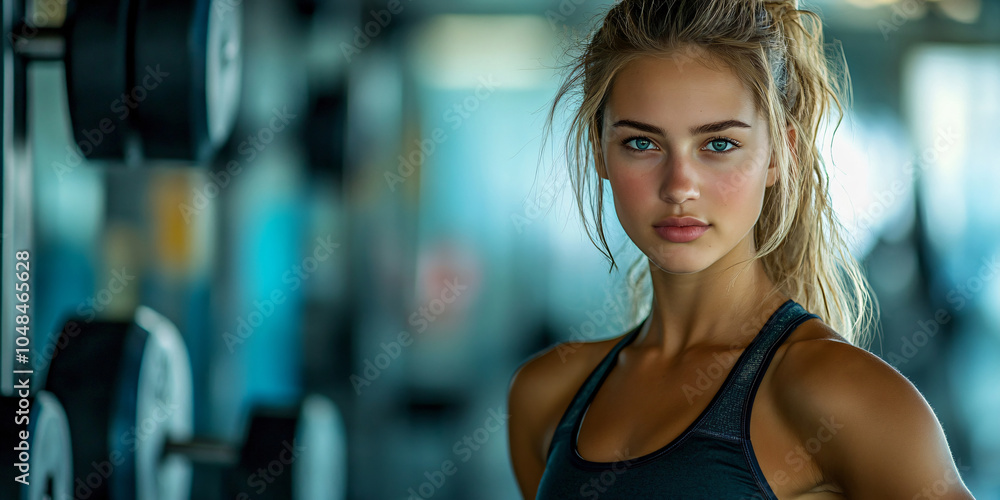 Fototapeta premium A portrait of a beautiful, fit woman in a gym setting.
