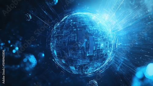 Futuristic globe of interconnected circuits in blue, surrounded by digital particles and data streams, symbolizing global technology innovation.