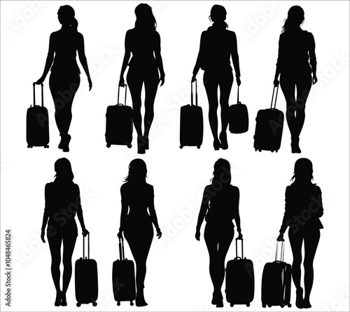 Silhouettes of woman traveler with suitcase vector. Woman traveler with suitcase silhouettes. Set of woman traveler with suitcase silhouette vector design