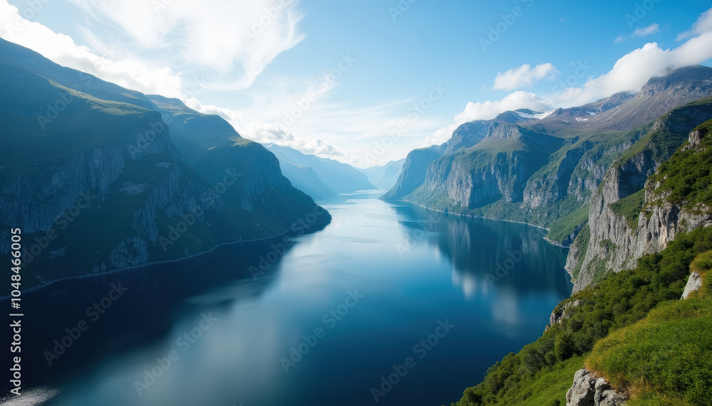 Aerial view of a fjord with mountainous terrain Aerial view of a fjord with mountainous terrain