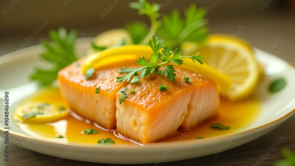 Beautifully Garnished Piece of Fish with Fresh Herbs and Citrus Slices on an Elegant Plate Beautifully Garnished Piece of Fish with Fresh Herbs and Citrus Slices on an Elegant Plate