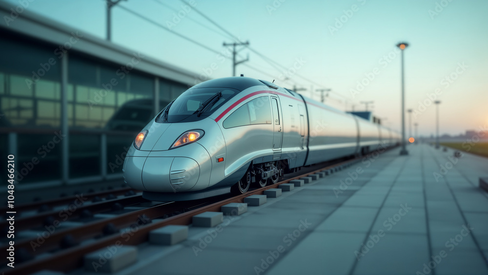 Fototapeta premium High-Speed Train Parked Reflected in a Car Side Mirror with an Airport Backdrop Symbolizing Travel Efficiency