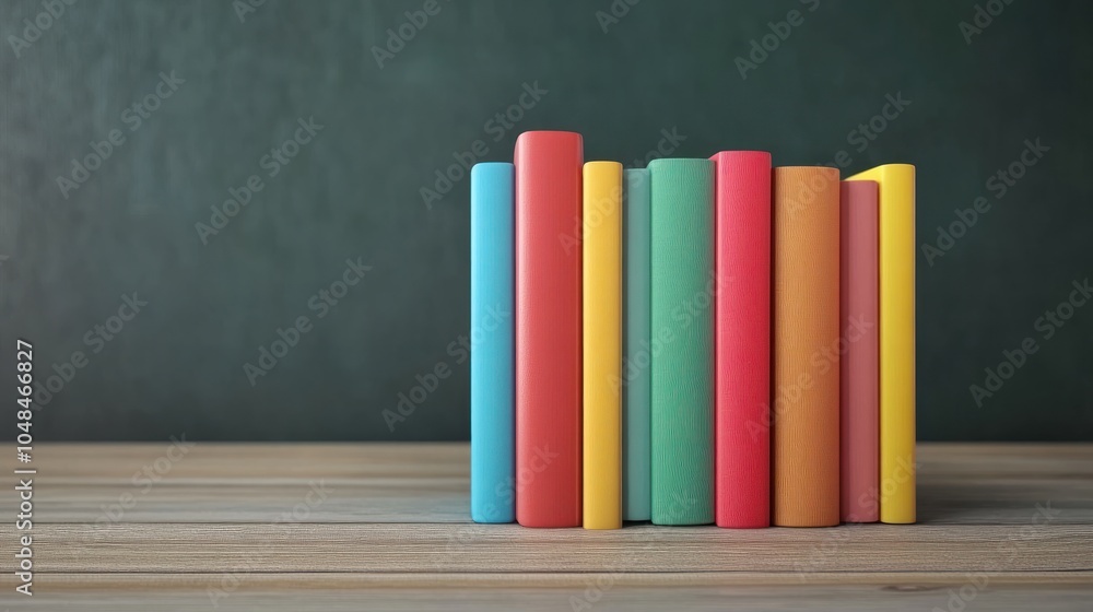 Education and reading concept - group of colorful books on the wooden table in the classroom, blackboard background Education and reading concept - group of colorful books on the wooden table in the classroom, blackboard background